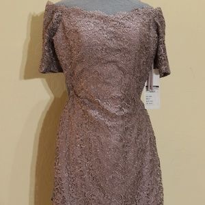 ALYCE off the shoulder lace straight cocktail dress in smoke size 8